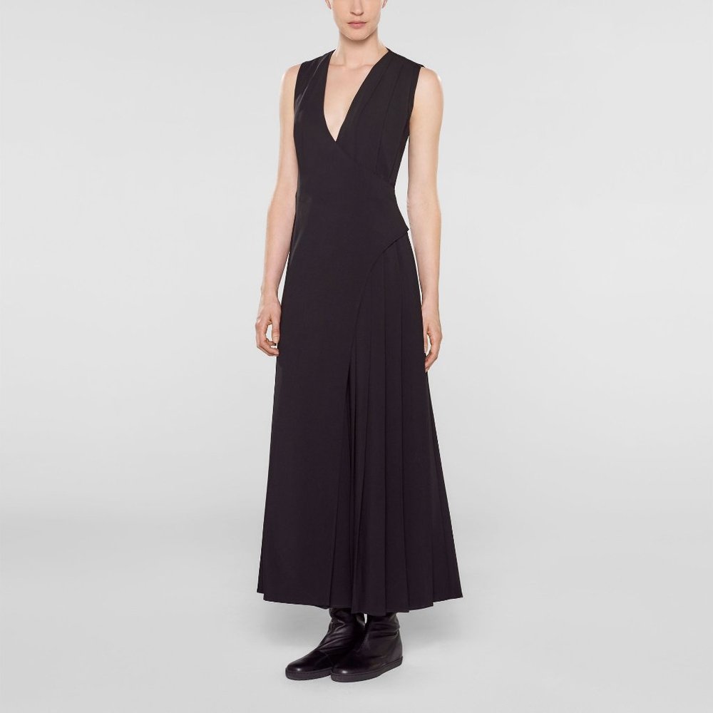Sarah Pacini Black Wool Asymmetrical Maxi Dress